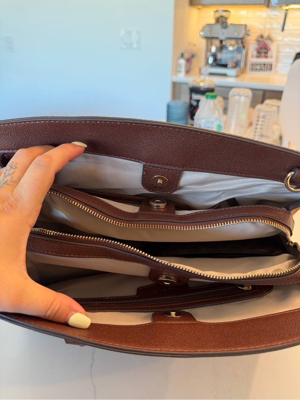Nine West Deep Brown Structured Satchel with Gold Accents - Picture 6 of 9